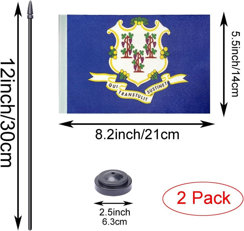 WXTWK 2 Pack USA Connecticut Flag Connecticut State Desk Flag Set - Mini Small Connecticut Table Office Flags with Black 12" Solid Pole Stand Base Classroom Meeting Desktop Decorations - Image 2